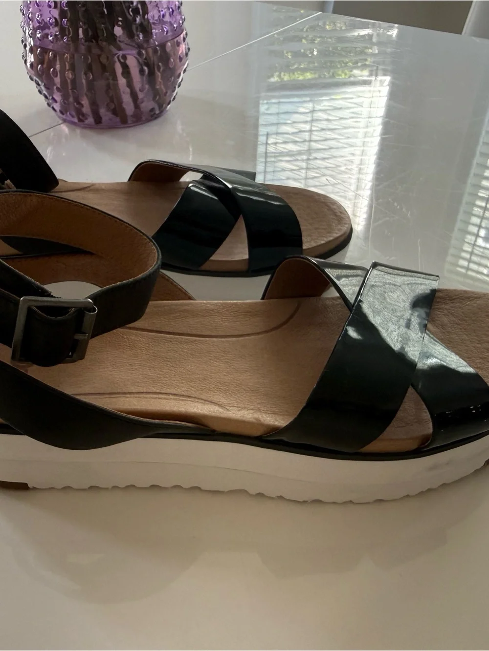 UGG Women’s Black Patent Crisscross Platform Sandals with White Sole